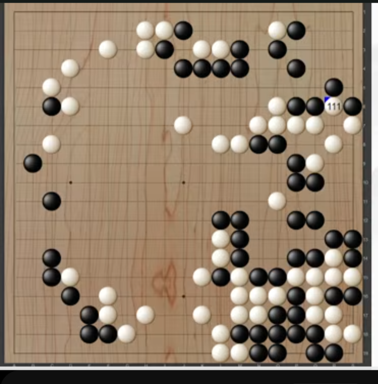 Screenshot of Shin Jinseo vs KataGo game 2, move 111. KataGo starting a ko.